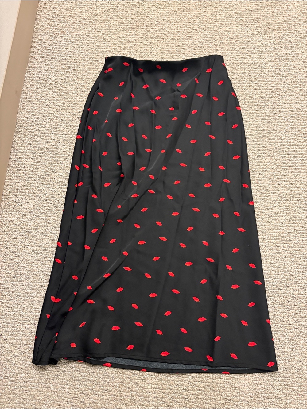 Black Midi Skirt with Red Lip Print